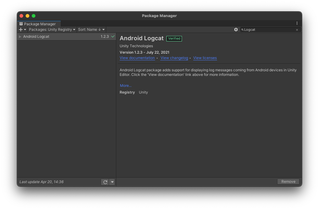 [Package Log] ウィンドウがインストールされ、[Android Logcat] が選択されている。
