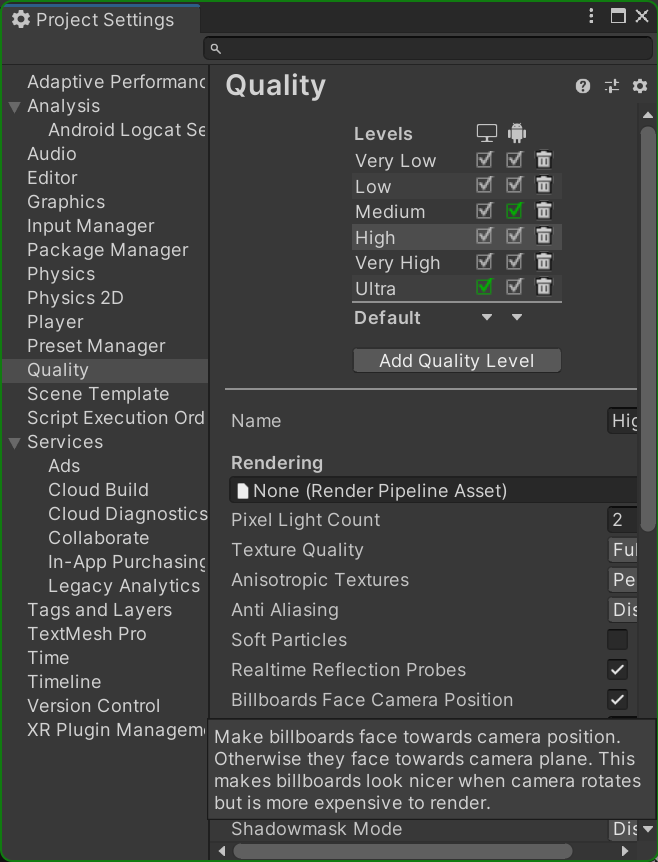 Screenshot of the "Quality" section of "Project Settings"