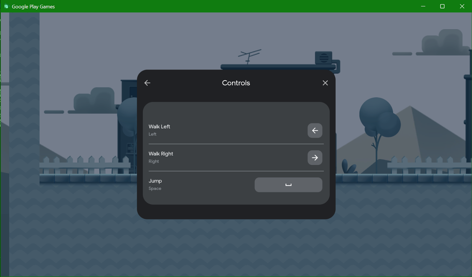 Screenshot of the "Controls" overlay in the Google Play Games emulator