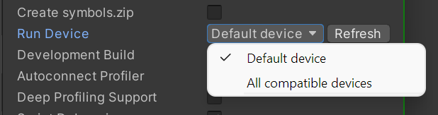 [Build Settings] ウィンドウの [Run Device] で、[Run Device] が選択されていて、表示される要素は [Default device] と [Allcompatible devices] のみです。