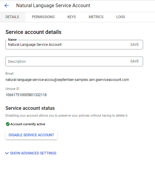 Service account details pane showing details for the Natural Language Service account.