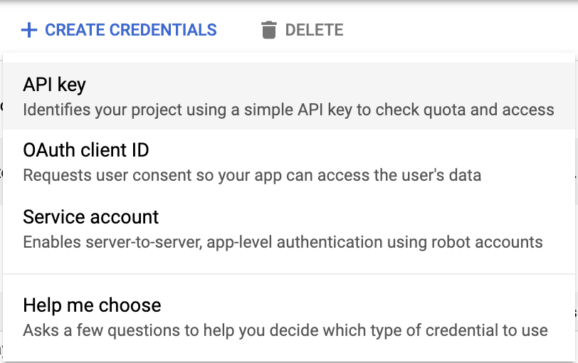 Credentials pane showing the CREATE CREDENTIALS and API key options.