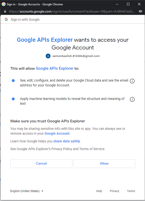 OAuth 2.0 warning that Google APIs Explorer wants access to your Google account.