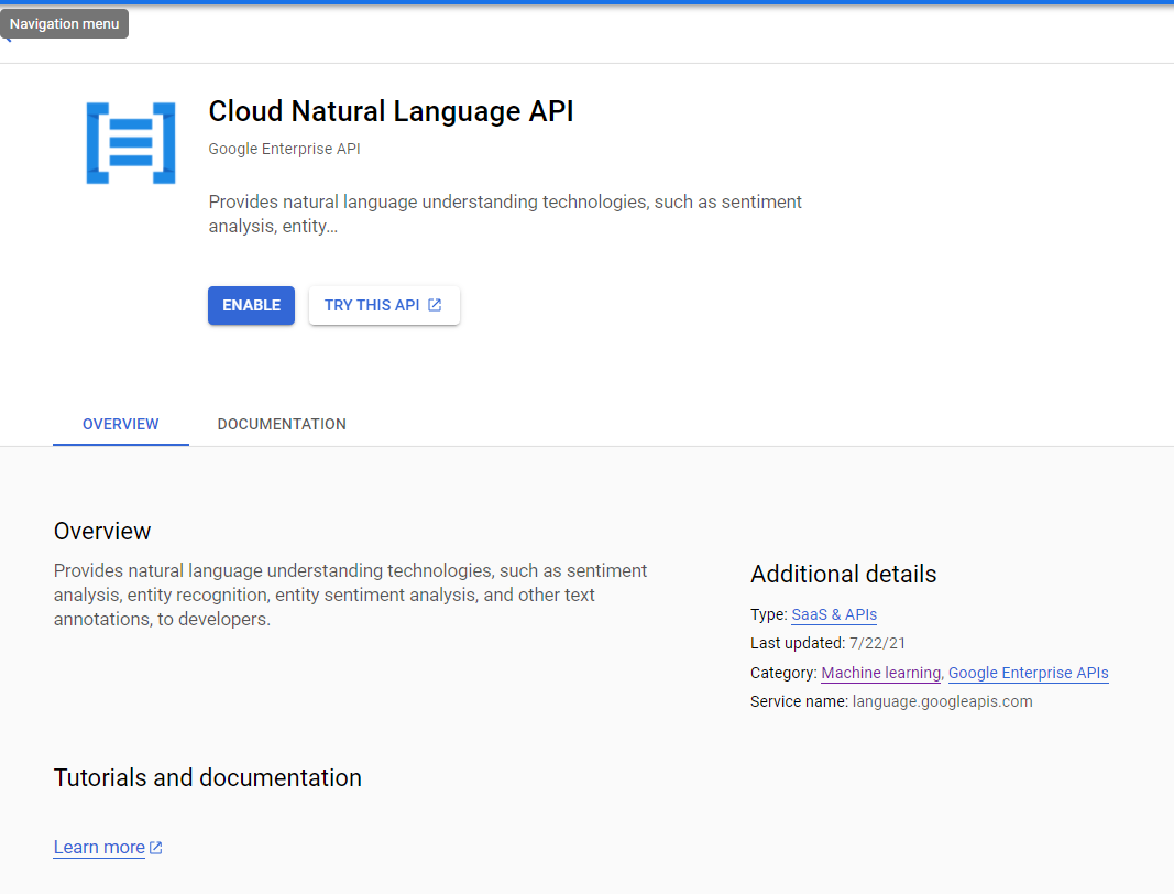 Cloud Natural Language API pane showing ENABLE and TRY THIS API buttons.