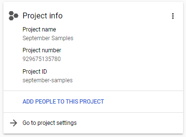 Project info pane showing the Project name, Project number, and Project ID fields, and a button to ADD PEOPLE TO THIS PROJECT.