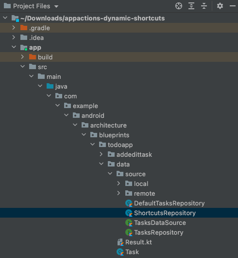 Android Studio window displaying location of ShortcutsRepository class.