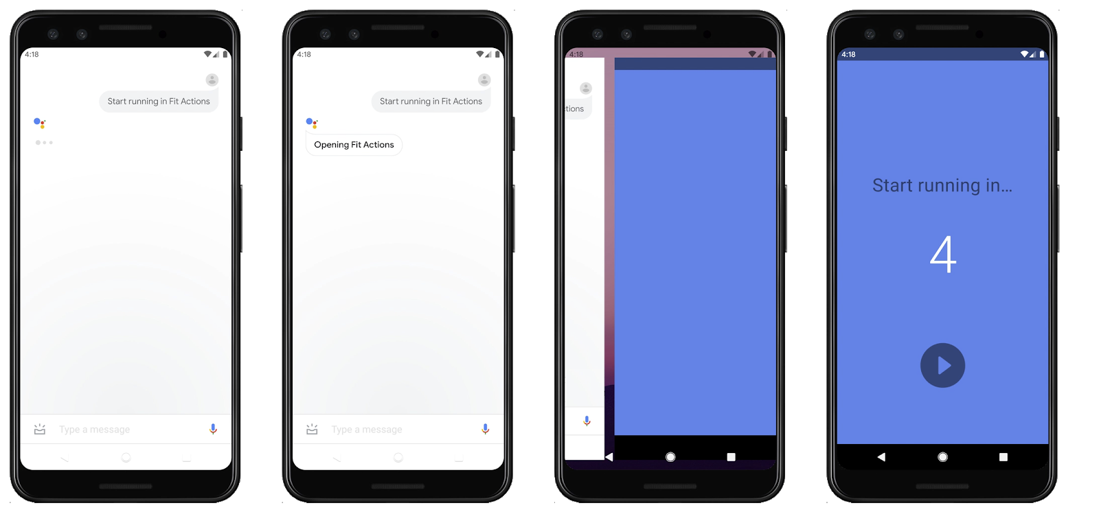 Quatro telas progressivas em que o Google Assistente inicia o acompanhamento de uma corrida em um app.