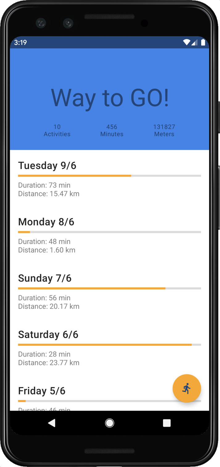운동 통계를 보여 주는 Fit Actions 앱이 열린 휴대전화