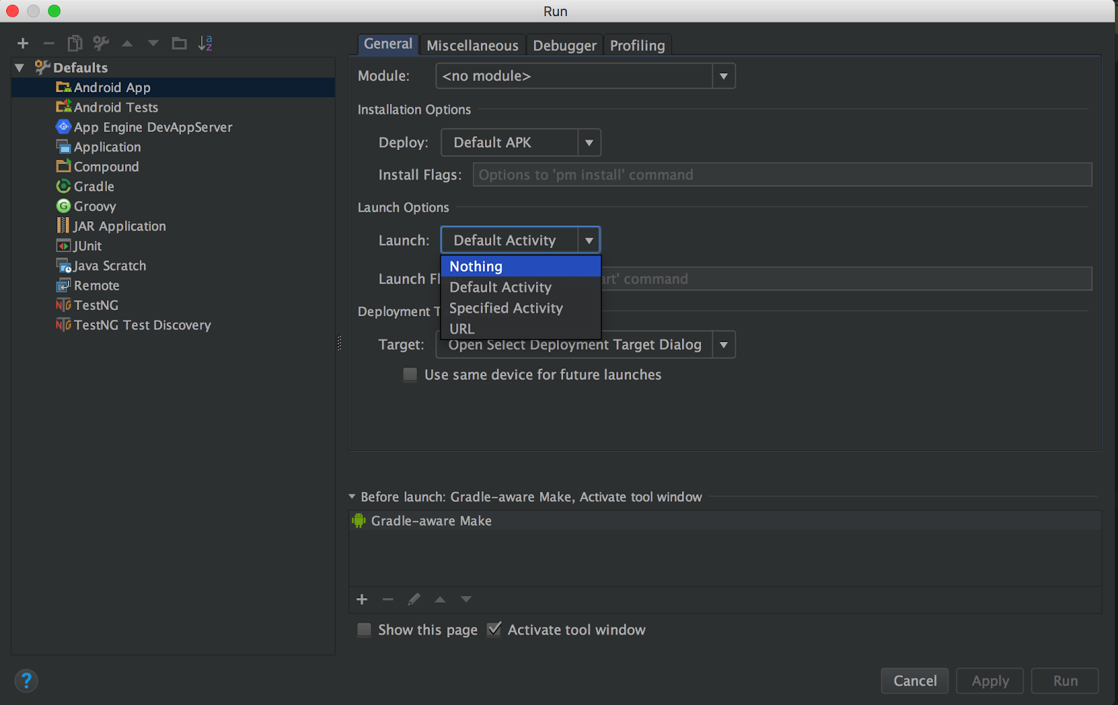Drop down to configure run settings to launch a service using Android Studio.