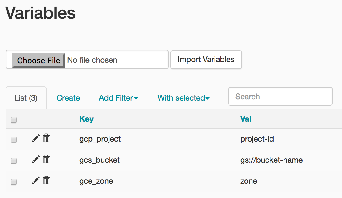 List tab is selected and shows a table with the following keys and values key: gcp_project, value: project-id key: gcs_bucket, value: gs://bucket-name key: gce_zone, value: zone