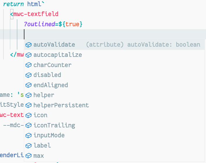 Screenshot of an IDE showing intellisense suggestions