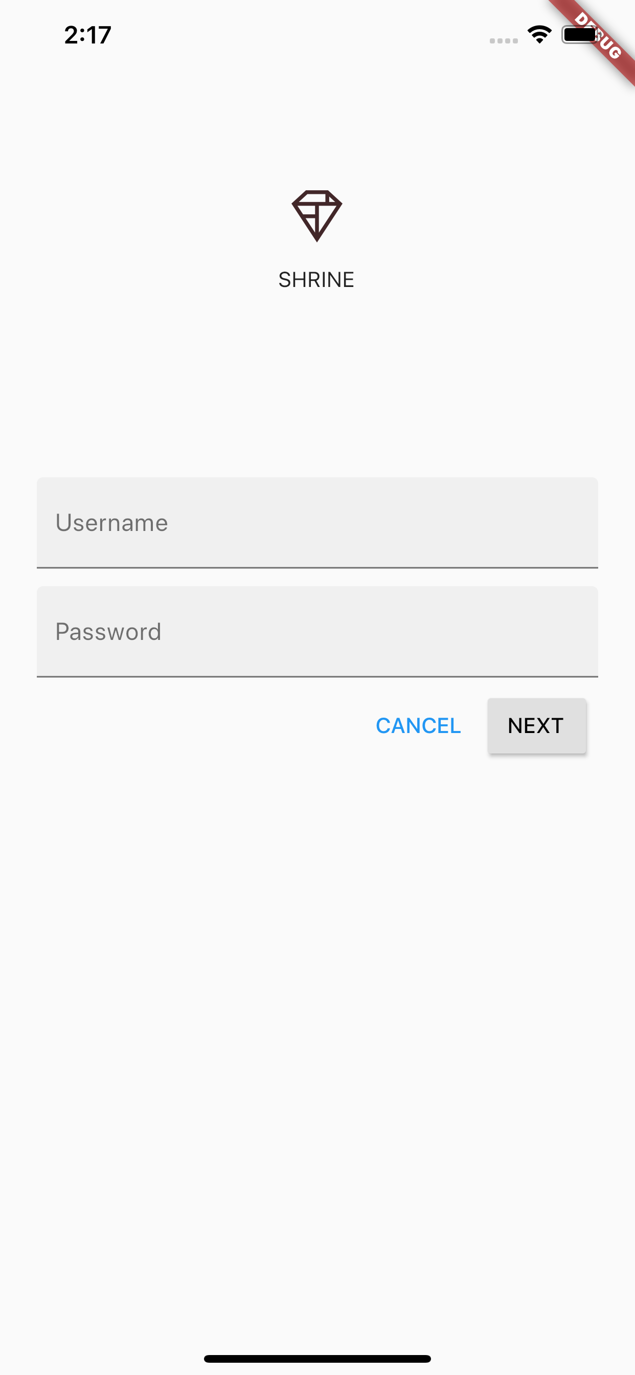 login page with username and password fields, cancel and next buttons