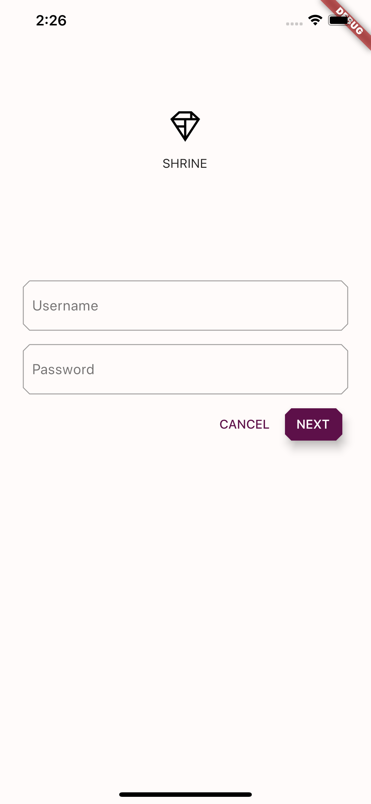 Shrine login page with a purple and white theme