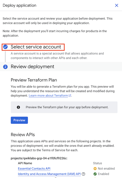 Service account creato