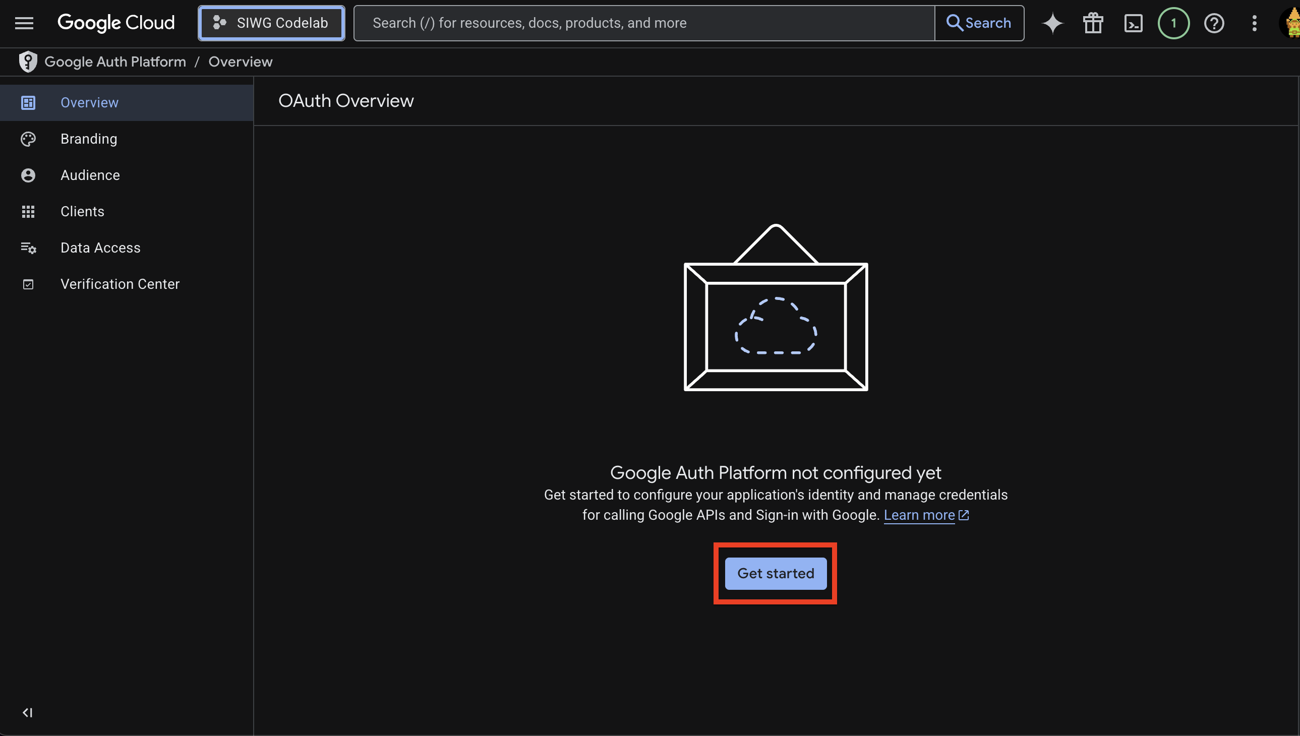 Schaltfläche „Erste Schritte mit GCP“