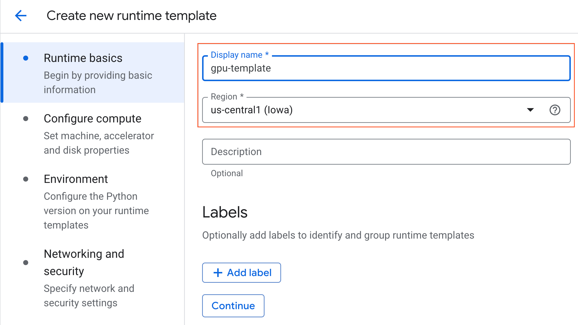 Configurazione del nome e della regione di runtime