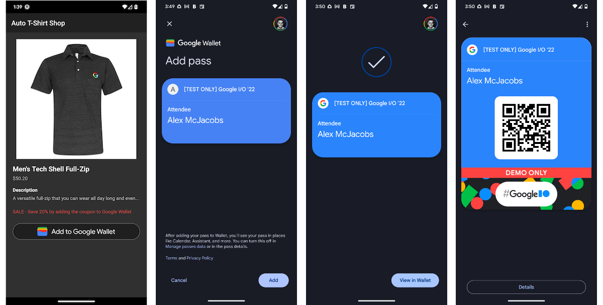 อุปกรณ์ที่ใช้ Android แสดงขั้นตอนการจัดสรร "เพิ่มลงใน Google Wallet"