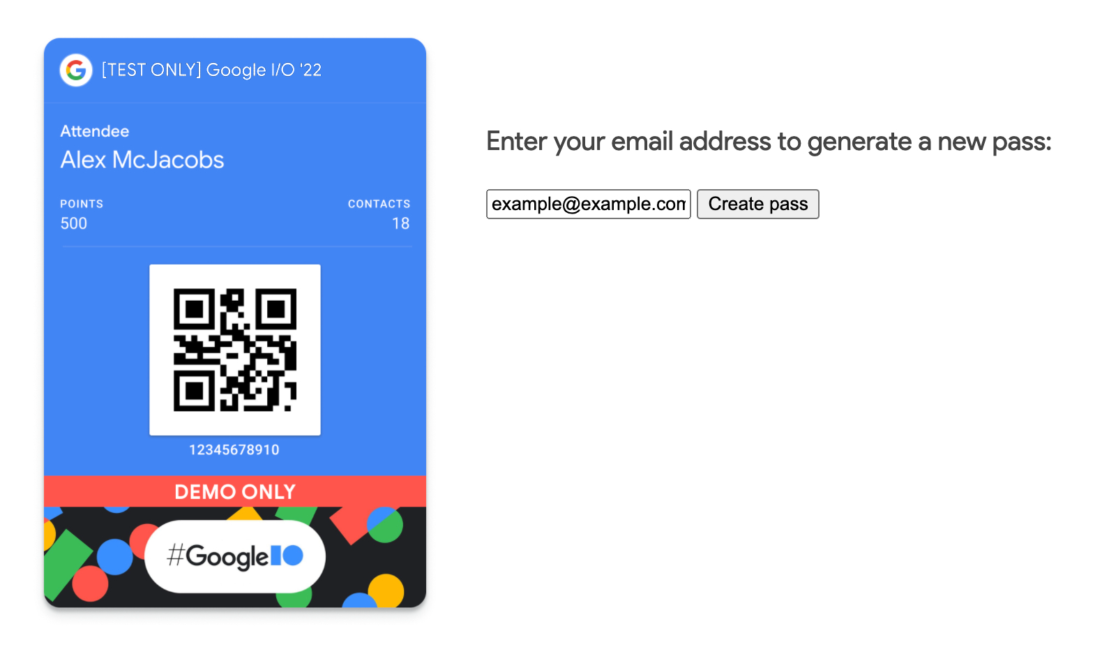 Ứng dụng web mẫu có trường để nhập địa chỉ email và nút Tạo thẻ và vé