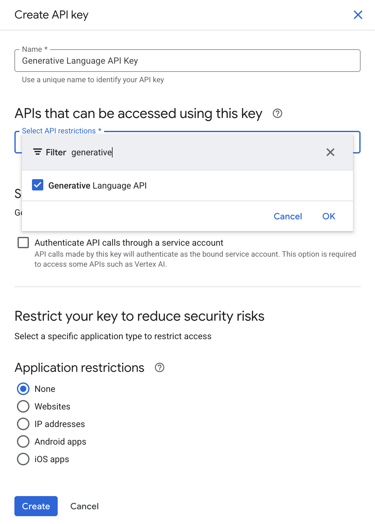 creazione della chiave delle credenziali Gemini
