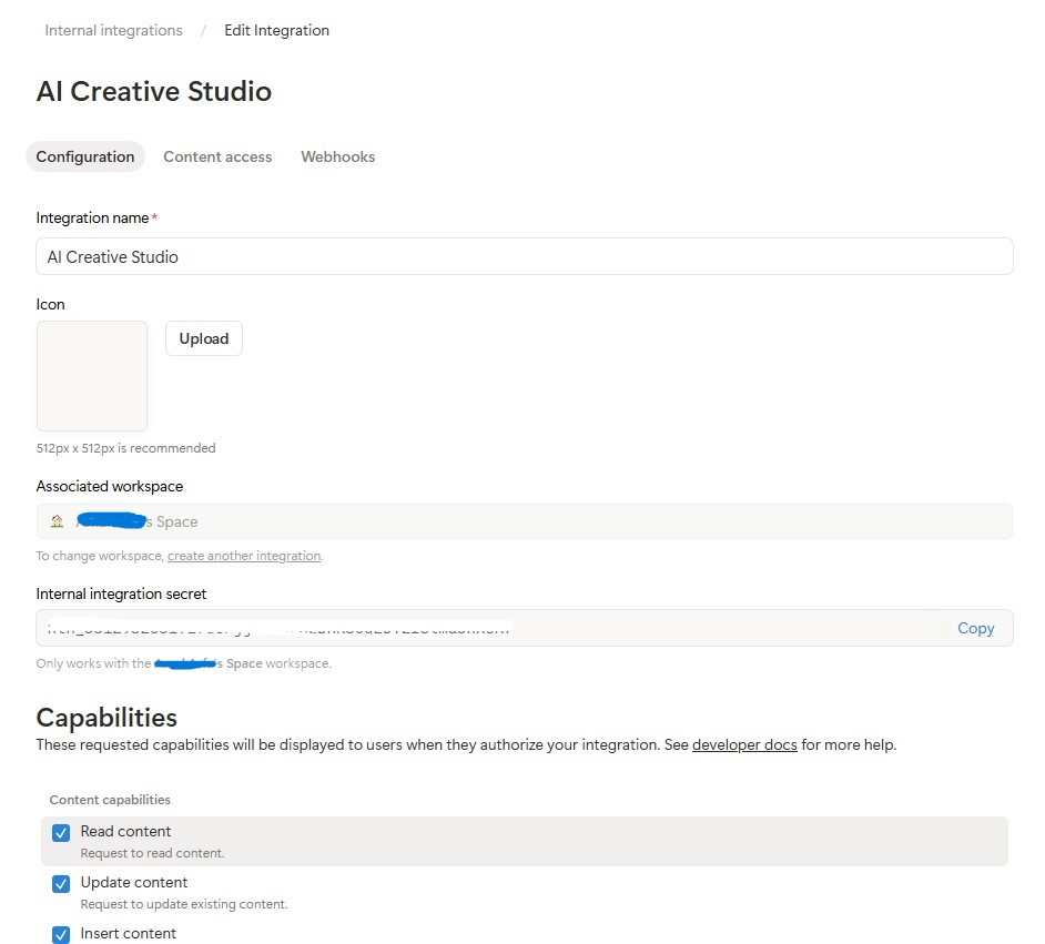 Notion इंटिग्रेशन की सेटिंग - इसे “AI Creative Studio” नाम दें और टोकन कॉपी करें