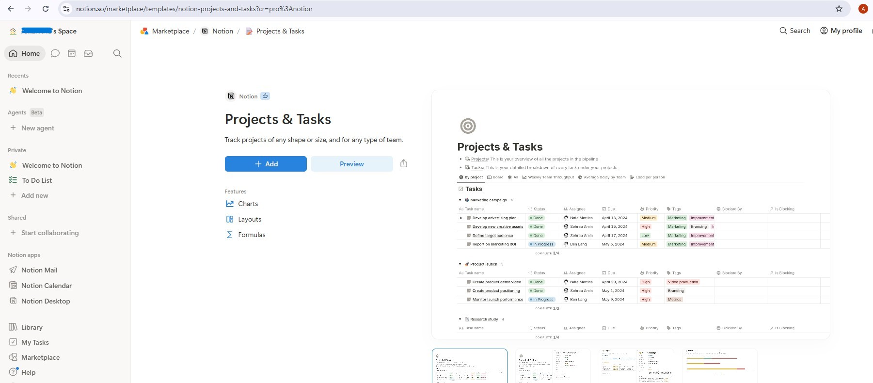マーケットプレイスの Notion Projects & Tasks テンプレート