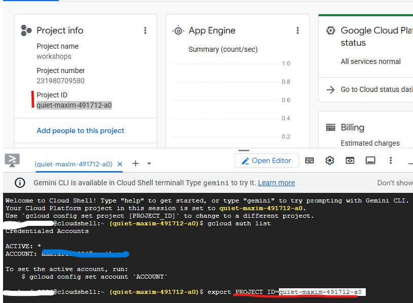 在 GCP 控制台中查找您的项目 ID，并在 Cloud Shell 中进行设置