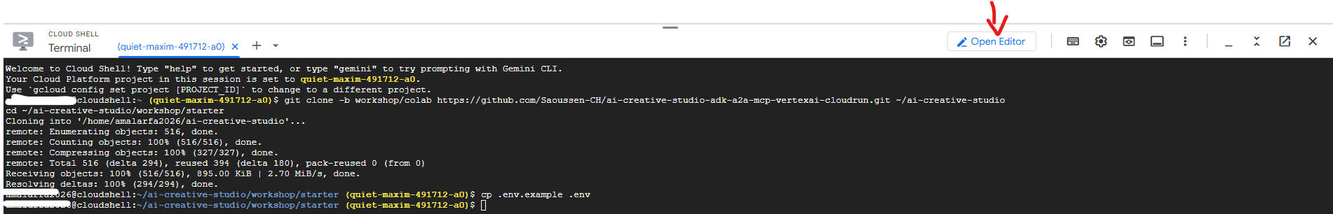 روی باز کردن ویرایشگر در نوار ابزار Cloud Shell کلیک کنید