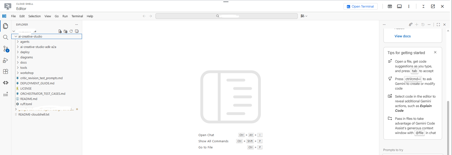 Cloud Shell-Editor mit Projektdateibaum