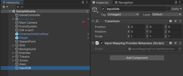 Capture d'écran d'un nœud nommé "InputSdk" avec le comportement "Input Mapping Provider Behaviour" (Comportement du fournisseur de mappage d'entrée)