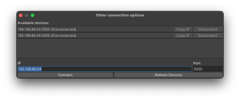 Finestra Altre connessioni aperta. È stato inserito un indirizzo IP.