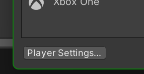 Captura de pantalla de la ventana "Build Settings" (Configuración de compilación) enfocada en el botón "Player Settings" (Configuración del jugador).