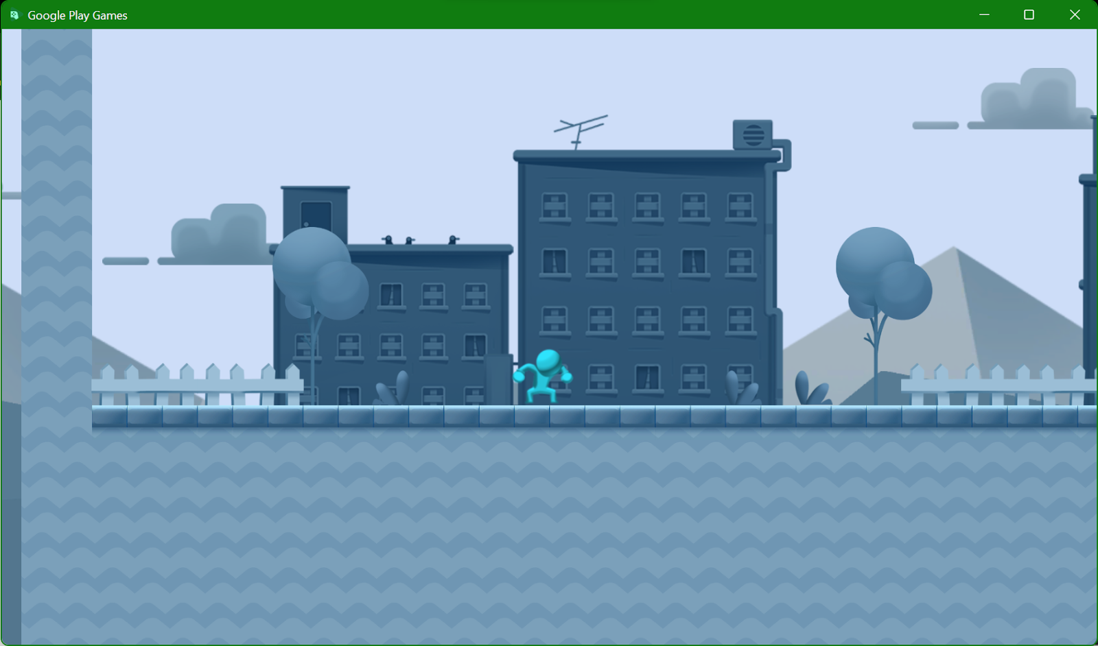 Captura de pantalla del emulador de Google Play Juegos con el "Microjuego en 2D plataformas" en ejecución