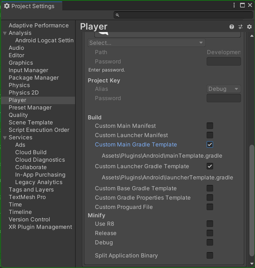 “Project Settings”窗口中“Player”部分的屏幕截图。  “自定义主 Gradle 模板”和“自定义启动器 Gradle 模板”对应的复选框都处于选中状态。
