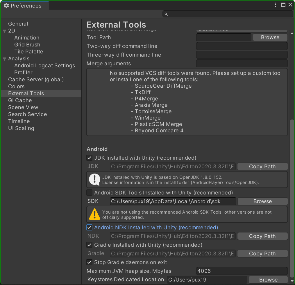 Captura de pantalla de "External Tools" de la ventana "Preferences"