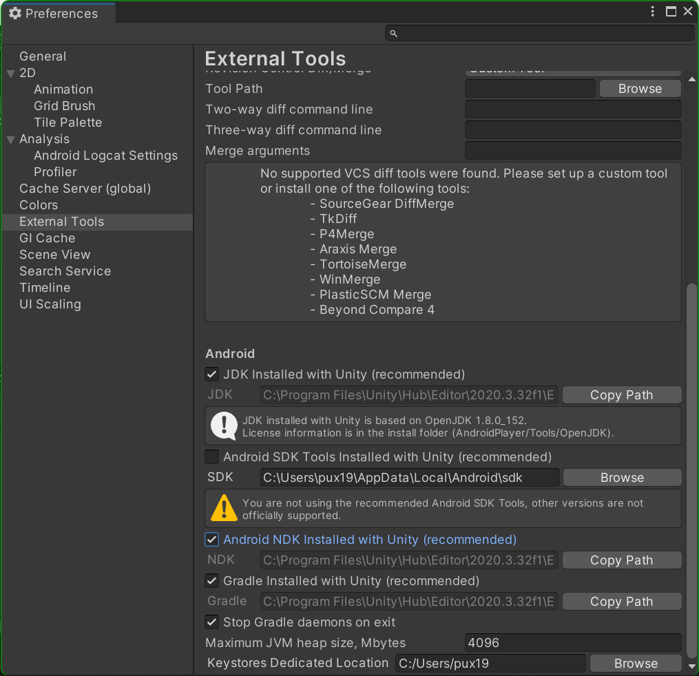 Capture d'écran d' "External Tools" (Outils externes) dans la fenêtre "Preferences" (Préférences)