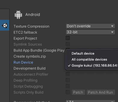 Jendela "Build Settings" Unity terbuka. Perangkat ChromeOS ditampilkan pada dropdown "Jalankan Perangkat".