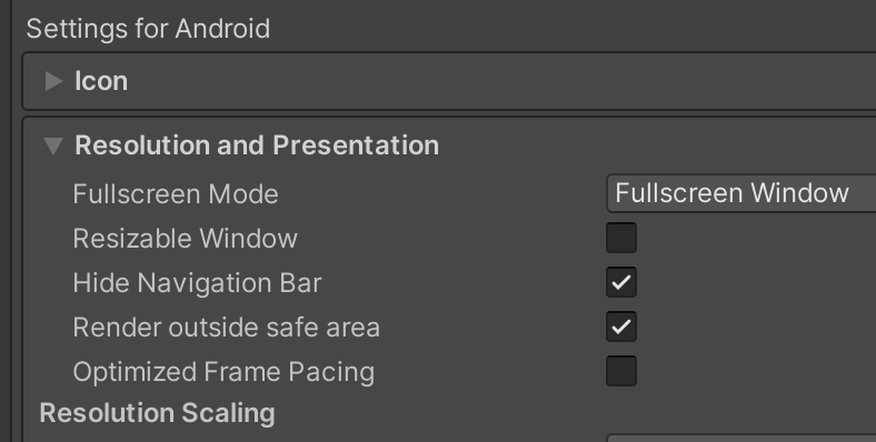 Screenshot "Resolution and Presentation" dengan "Optimized Frame Pacing" tidak dicentang
