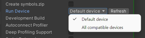 Dans la fenêtre "Build Settings" (Exécuter l'appareil), l'option "Run Device" (Exécuter l'appareil) est sélectionnée. Les seuls éléments visibles sont "Default device" (Appareil par défaut) et "All compatible devices" (Tous les appareils compatibles).