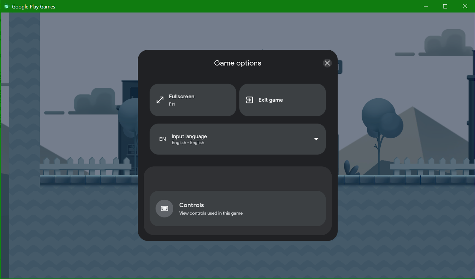 Captura de pantalla de la superposición de "Opciones de juego" en el emulador de Google Play Juegos