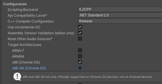 Player Settings(구성 설정) 'Scripting Backend(스크립팅 백엔드)'의 구성 섹션 스크린샷이 'IL2CPP'로 설정되어 있으며, Architectures(아키텍처)에 'x86(Chrome OS)'이 선택되어 있고 'x86-64(Chrome OS)'가 강조표시되어 있습니다.