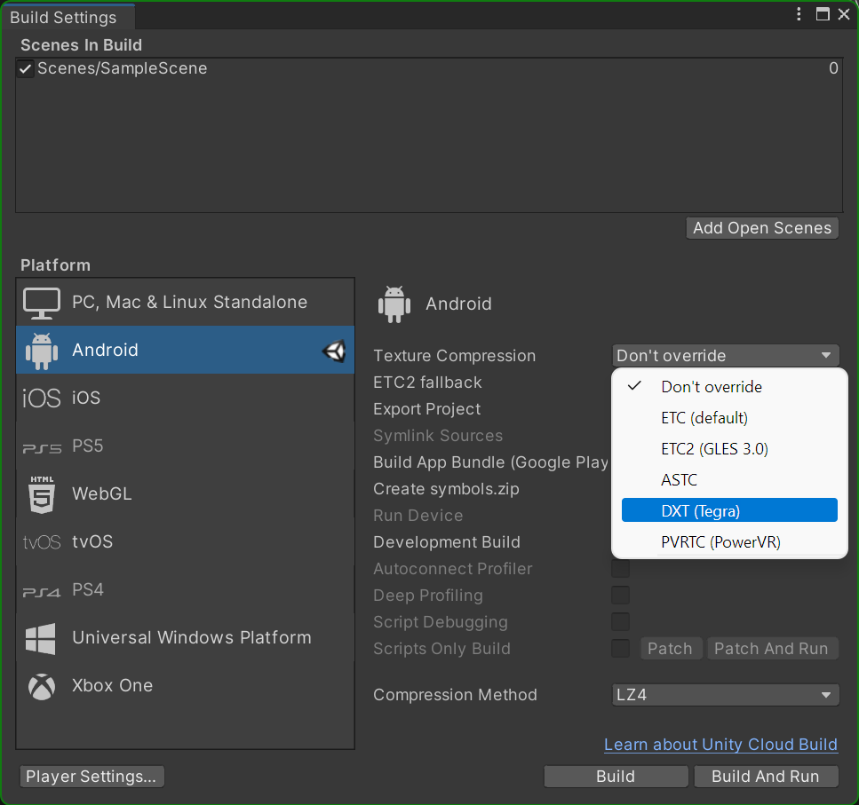 Ventana “Build Settings” de Unity abierta con la opción “Compresión de texturas” expandida. "DXT (Tegra)" es la anulación de compresión de texturas destacada.