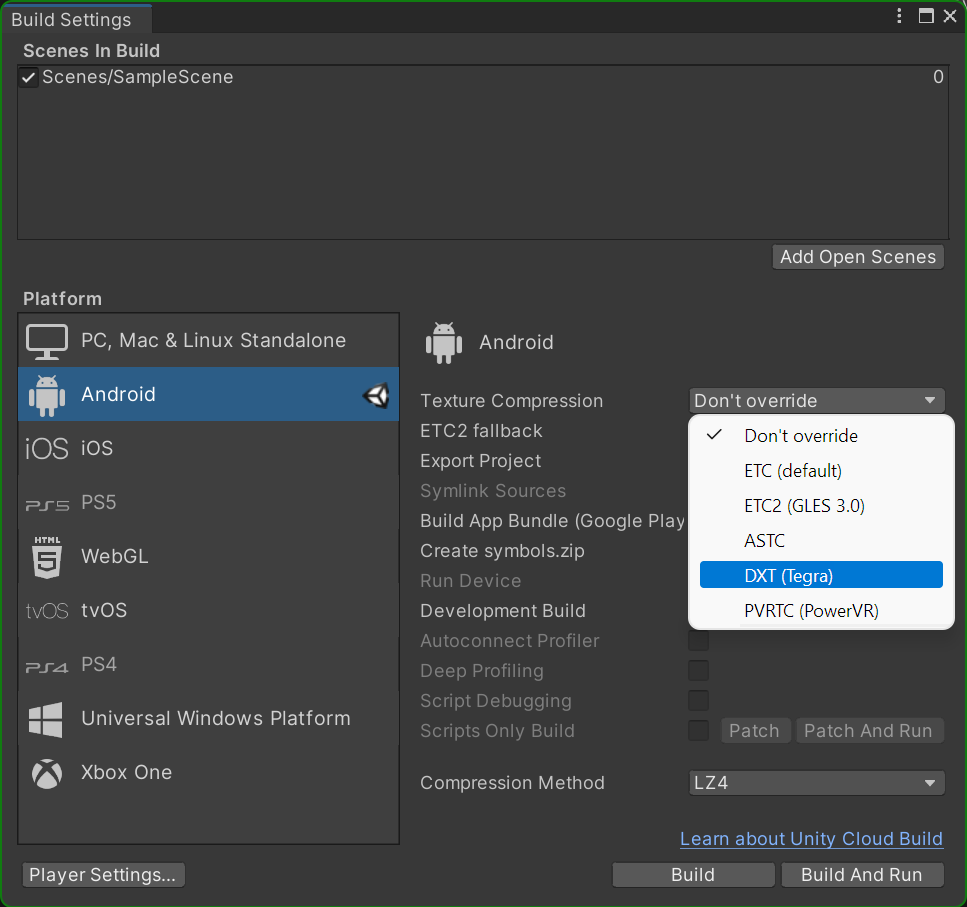 Janela "Build Settings" do Unity aberta com "Compactação de textura" expandida. "DXT (Tegra)" é a modificação de compactação de textura destacada.