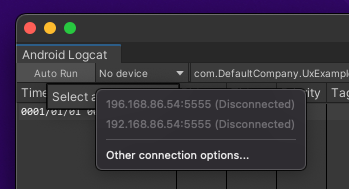 Android Logcat window shown, device dropdown selected.
