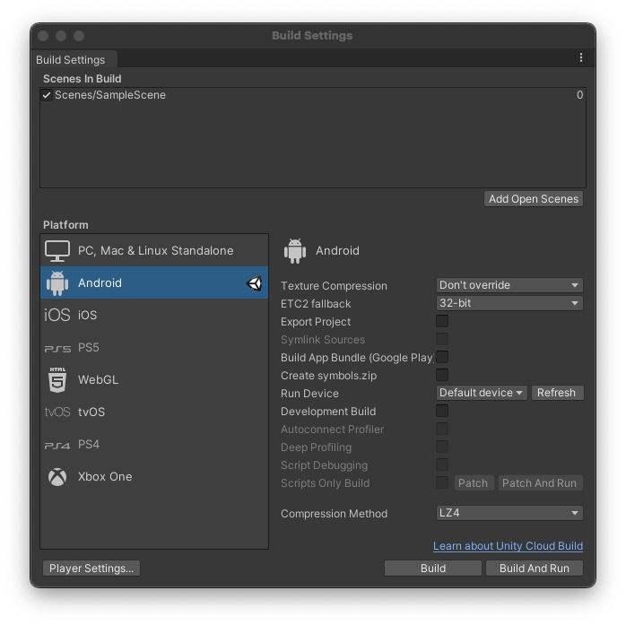 A screenshot of the Unity "Build Settings" window  The "Android" platform is active.
