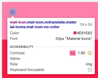 Công cụ của Chrome cho nhà phát triển kiểm tra phần tử của nút Trang chủ có độ tương phản thấp