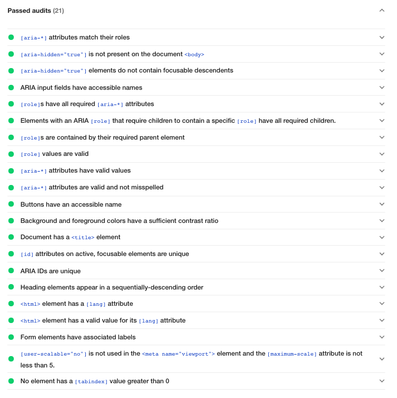 Chrome DevTools Lighthouse audit with passing audit for screen reader ARIA controls.