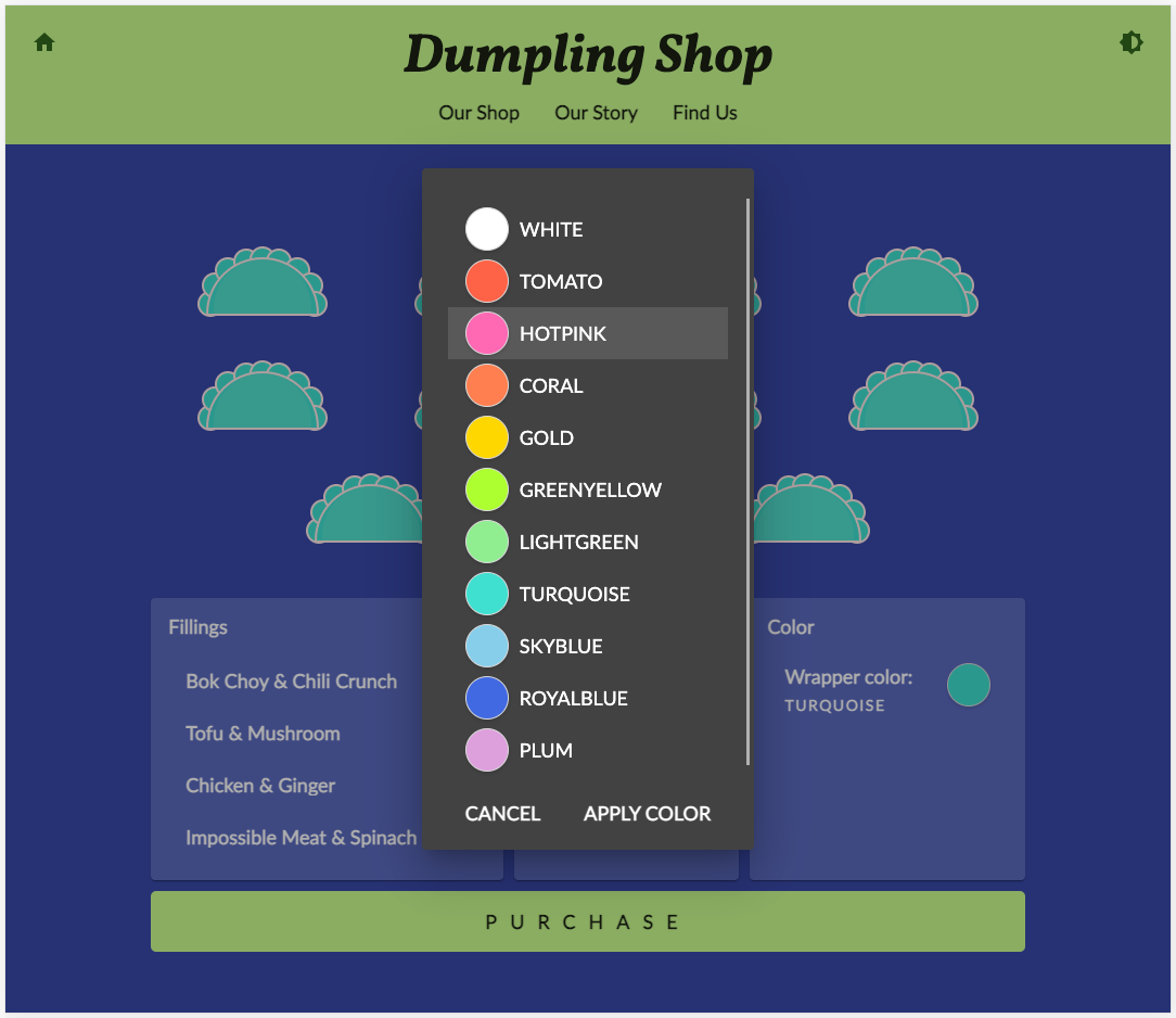 موقع متجر Dumpling Time على الويب بمظهر أرجواني وأخضر مع مربّع حوار مفتوح لاختيار لون لفّ الفطائر