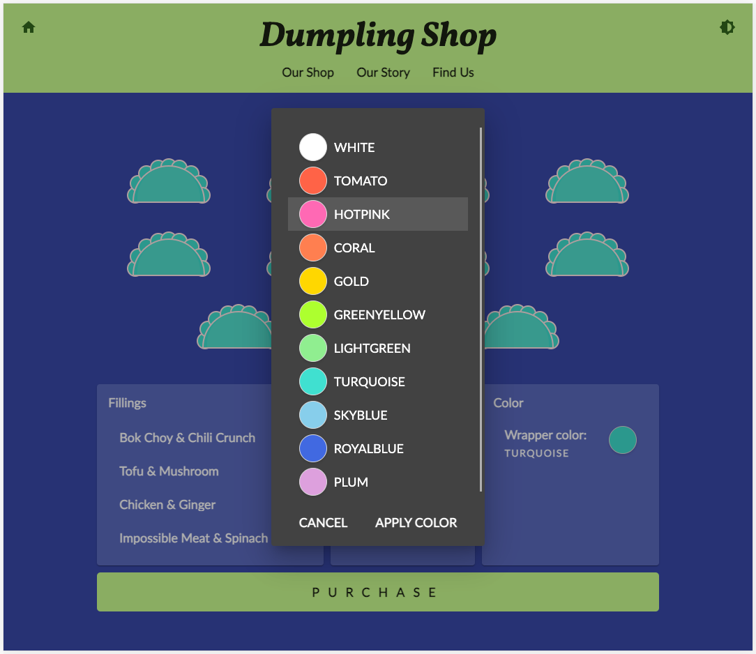 Sito web Dumpling Time shop in tema viola e verde con una finestra di dialogo aperta per selezionare il colore del confezionamento dei ravioli