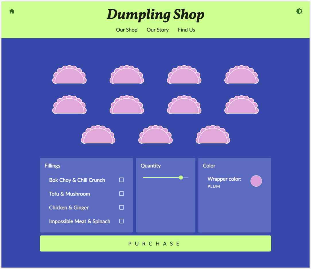 Dumpling Time shop website in purple and green theme