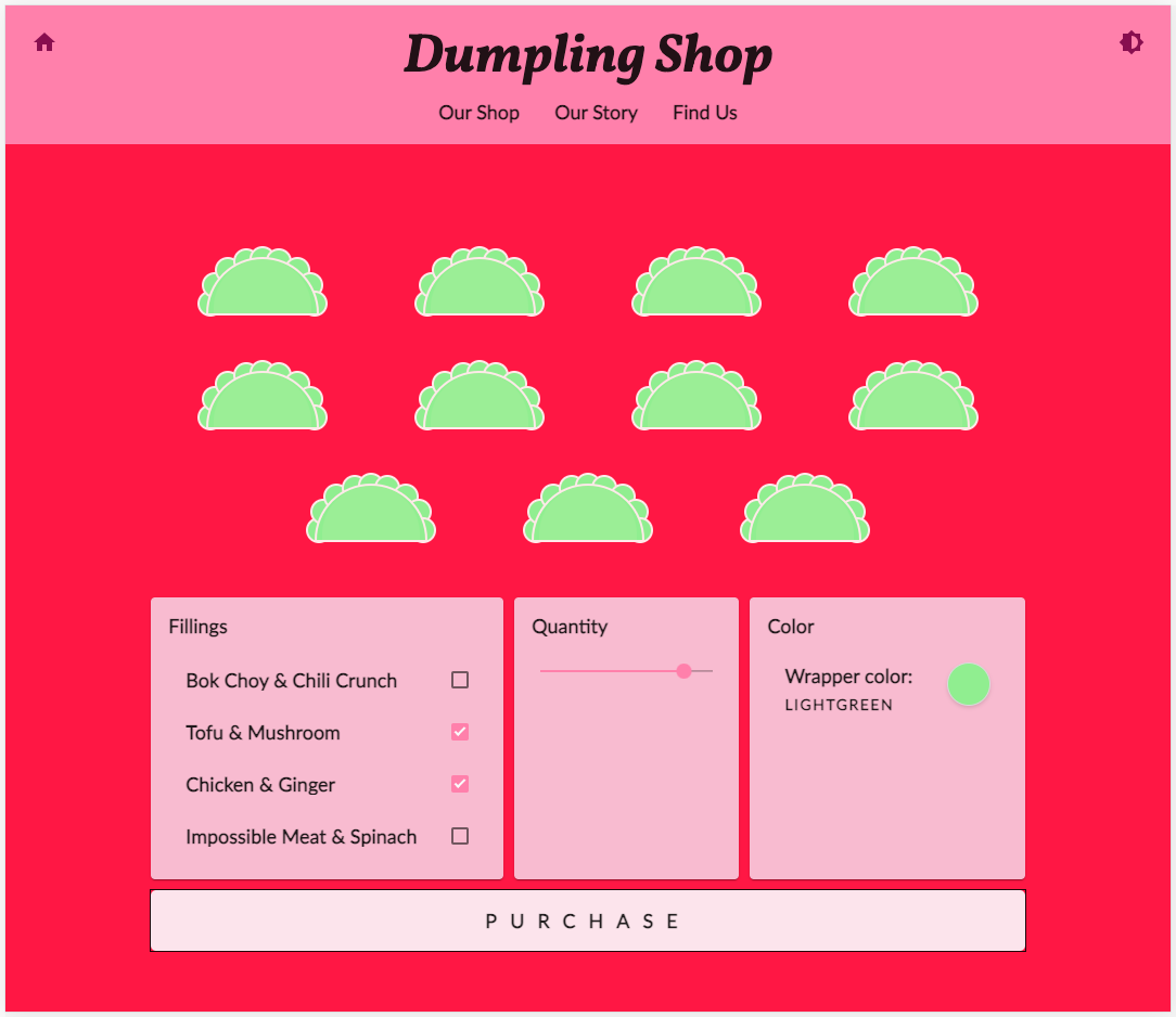 Dumpling Time shop website in red and pink theme with High Contrast Mode on and the purchase button is now strongly focused with a thick red outline 